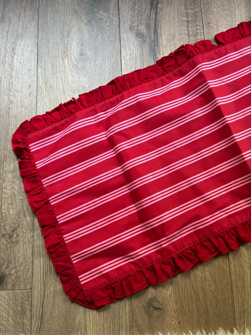 Red Floral Ruffled Rose Table Runner 74x17 Rectangle Reversible Stripe